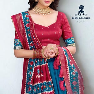 Red & Blue Tasar Silk Patola Lehenga Set: Indian Ethnic Wear