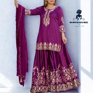 Purple Embroidered Crepe Kurta Palazzo Suit: Pakistani Party Wear