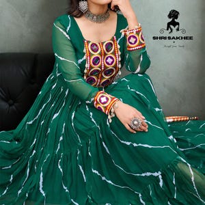 Green Navratri Laheriya Print with kutchi patchework in Faux Georgette Gown Full Sleeves Gown