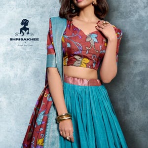 Kalamkari Lehenga Choli: Marun Red Dola Seide Zari Weberei, Dupatta
