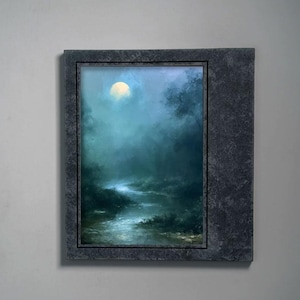 May include: A rectangular wall art piece featuring a dark, moody landscape painting of a forest stream under a glowing full moon. The artwork is encased in a wide, textured, dark gray frame that extends further on the right side than the left.