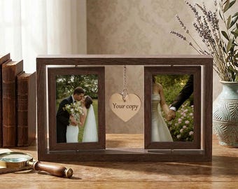 Marco de fotos giratorio personalizado, marco de madera de doble cara con forma de corazón, ideal como recuerdo de una mascota o regalo de aniversario para parejas.