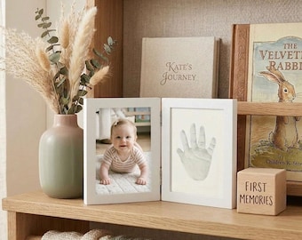 Baby Hand and Footprint Kit Frame, Newborn Clay Keepsake, 1st Birthday Shower Gift, Hinged Double Nursery Frame