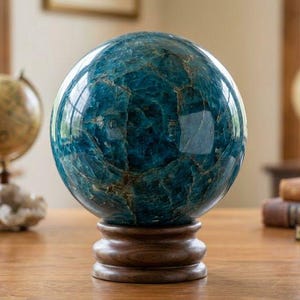 Op de afbeelding: Een gepolijste blauwe apatietbol met zichtbare interne breuken en donkere mineraalinsluitingen, rustend op een ronde houten standaard. De bol staat op een houten oppervlak met een klein label waarop 230 mm staat.