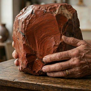 May include: A large, raw chunk of red jasper stone with a smooth, conchoidal fracture pattern on its front face. The rock displays deep terracotta and brick red hues with subtle variations in texture, featuring sharp, jagged edges along the sides.