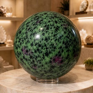May include: A polished spherical stone featuring a mottled pattern of vibrant green, deep black, and small patches of magenta. The sphere rests on a clear circular stand, showcasing a smooth, reflective surface with natural mineral inclusions throughout.