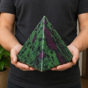 May include: A polished pyramid-shaped stone sculpture featuring a mottled pattern of deep forest green, black, and vibrant magenta-purple inclusions throughout the smooth, faceted surface of the mineral specimen.