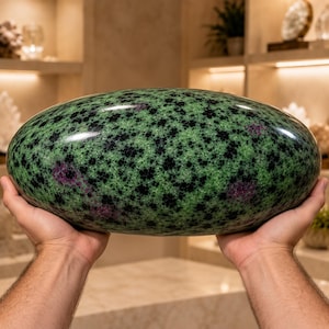 May include: A large, polished, oval-shaped stone featuring a vibrant green base color with speckled black inclusions and distinct patches of deep magenta-colored mineral deposits throughout the smooth, reflective surface of the rock.