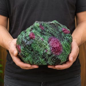 May include: A large, raw mineral specimen featuring a vibrant green zoisite matrix embedded with several distinct, deep magenta-colored ruby crystals. The stone has a rough, textured surface with contrasting dark black mineral inclusions throughout.