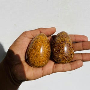 以下が含まれることがあります： 黄色と茶色の斑点模様の、磨かれた卵型の石が2つ。滑らかで光沢のある質感が特徴です。手で持っており、これらの装飾用の石は、家の装飾として使用できます。