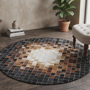 Round Cowhide Rug Large Mosaic Leather Area Rug, Handmade Brown Patchwork Floor Mat, Luxury Cow Hide Carpet, Boho Home Decor, Entryway Rug