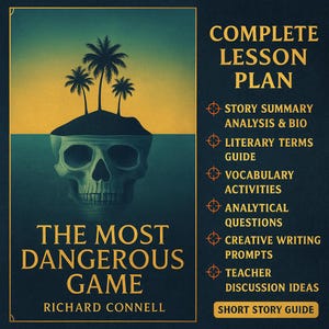 Puede incluir: Portada de un plan de lecciones para "The Most Dangerous Game" de Richard Connell. El dise&ntilde;o presenta una calavera con una isla y palmeras, sobre un fondo azul oscuro y dorado. El texto incluye "Complete Lesson Plan" y t&iacute;tulos de actividades.