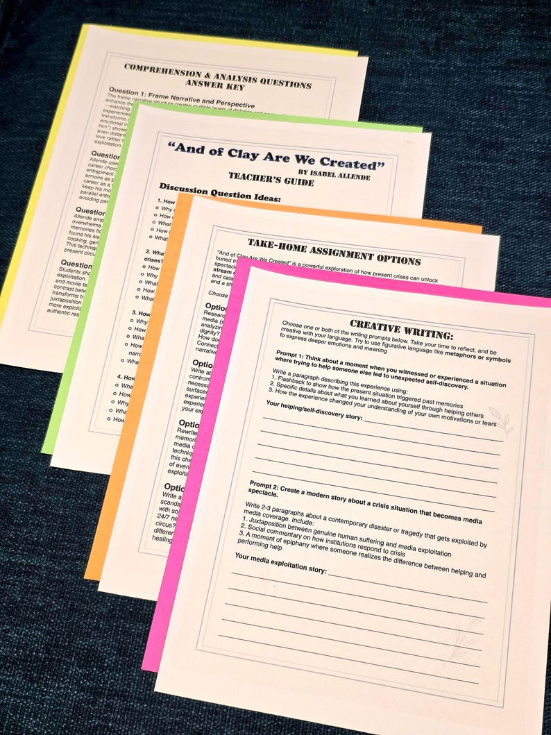 Puede incluir: Una pila de hojas de trabajo impresas con bordes coloridos. La hoja superior es amarilla, seguida de verde, naranja y rosa. El texto incluye "Comprehension & Analysis Questions", "And of Clay Are We Created" y "Creative Writing".