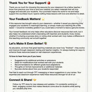 Puede incluir: Un documento blanco con texto negro. El t&iacute;tulo es "A Note: From Me to You - Teacher to Teacher!" y "Thank You for Your Support!". El documento incluye vi&ntilde;etas y un llamado a la acci&oacute;n para conectar y compartir.