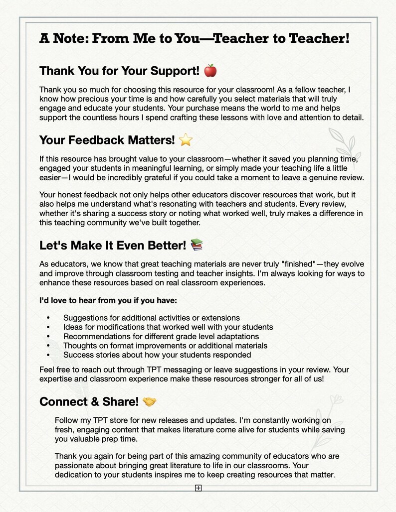 Puede incluir: Un documento blanco con texto negro. El t&iacute;tulo es "A Note: From Me to You - Teacher to Teacher!" y "Thank You for Your Support!". El documento incluye vi&ntilde;etas y un llamado a la acci&oacute;n para conectar y compartir.