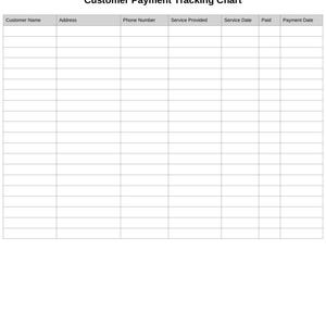 May include: A white chart titled "Customer Payment Tracking Chart" with columns for customer name, address, phone number, service provided, service date, paid, and payment date. The chart is blank.