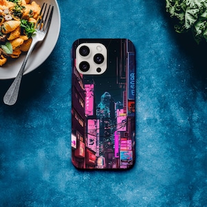 Cyberpunk City iPhone Tough Case – Futuristic Neon Design – Fits iPhone 13, 14, 15, 16 – Durable Dual-Layer Cover