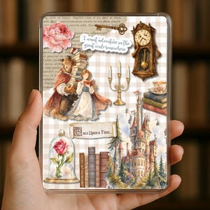 May include: A clear phone case featuring a collage of fairytale elements. Includes a rose in a glass dome, a castle, a clock, and illustrations of characters with the text "Once Upon a Time..." and "I want adventure in the great wide somewhere."