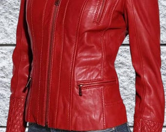 CLASSIC New Women's Red Leather Jacket 100% Soft Lambskin Bomber Biker Slim Fit Jacket