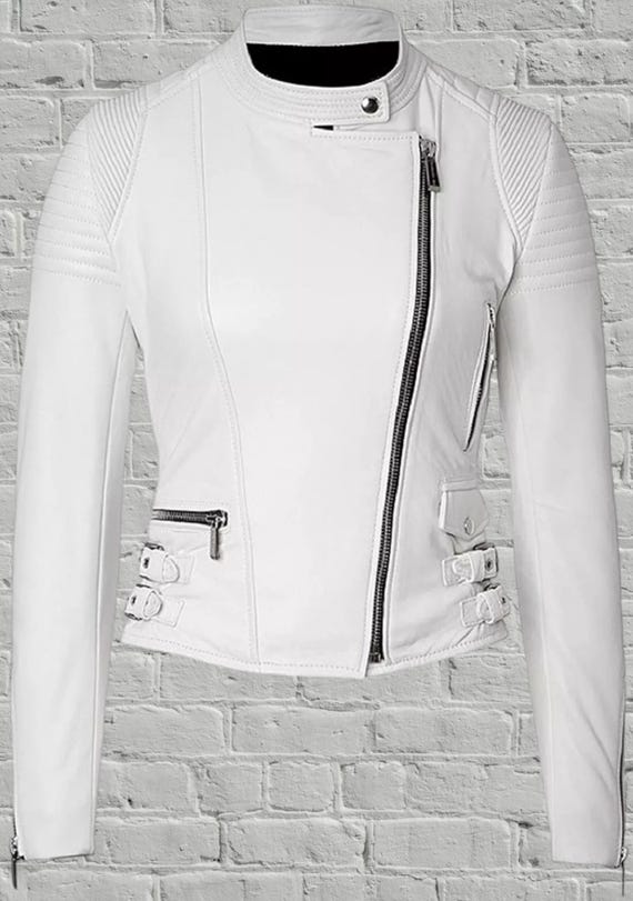 White Lambskin Leather Moto Biker Jacket - Women's Stand Collar