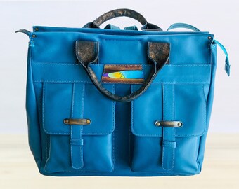 Unique Leather Shoulder & Hand Bag, blue color. Handcrafted real leather, high quality and durable item. Handmade by Gallery Manus.