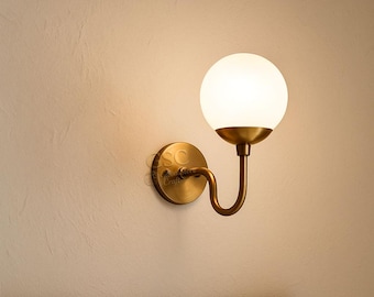 Mid Century Modern Brass Wall Sconce – Frosted Glass Globe