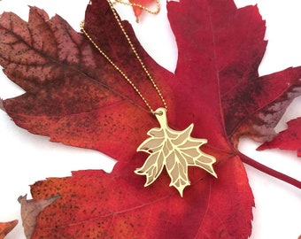 Leaf necklace, botanical jewelry, eco friendly charm, Maple leaf pendant, leaf charm, Ivory acrylic leaf with gold, nature inspired jewelry