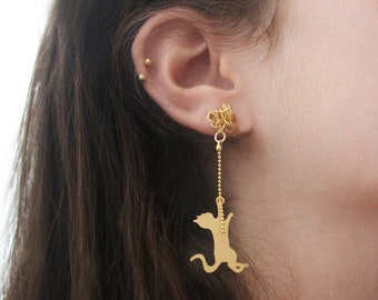 Cat stud earrings, gold cat studs, cat playing with yarn, animal lover gift, cute kitty earrings, gift for cat lovers, cat mom gift