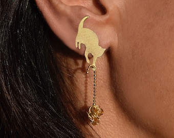 Cat Earrings, Gold Cat Earring, Cat Dangle Earrings, Cute Drop Earrings, Cat Lover Gift, Unique Gift for Her, Kitty Playing Gold Earrings.