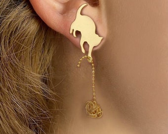 Cat Earrings, Cat Earrings Dangle, Cat Studs, Mismatched Earrings, Kitten Earrings, Gold Dangle Earrings, cat playing jewelry, cat and yarn
