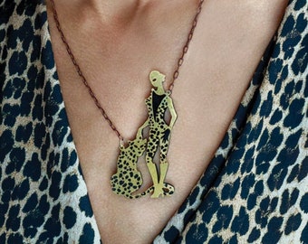 Leopard necklace, Statement necklace, strong woman necklace, art deco necklace, nature inspiered jewelry, animal jewelry, brass necklace