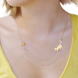 Tiny  gold cat playing necklace, animal lover gift, Cat lover necklace, Animal lover necklace, gold filled dainty necklace