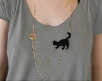 Cat Necklace, Black Cat Necklace, Long Necklace for Women, Kitten Necklace, Statement Necklace, Fashion Jewelry, Gift for Cat Lovers.