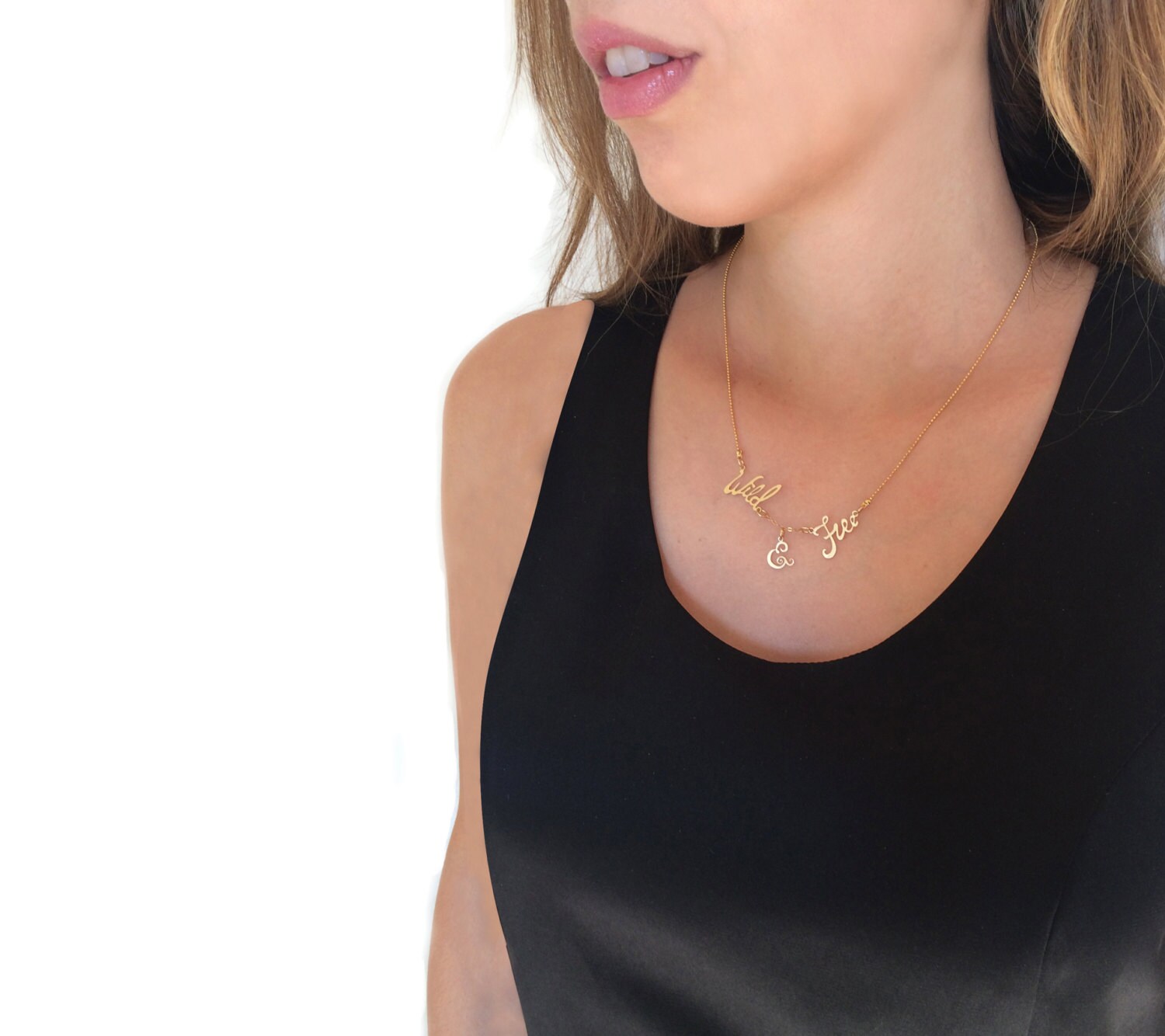 Inspirational jewelry, Wild and free necklace - Personalised word necklace, script pendant, hand made gold Necklace, tiny necklace, delicate