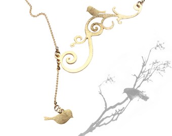 Twig necklace, bird on a branch with a dangling bird, Gold plated twig necklace