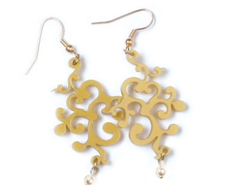 Statement gold acrylic earrings - Plexiglas (Perspex) Victorian  Swirl - Modern Jewelry