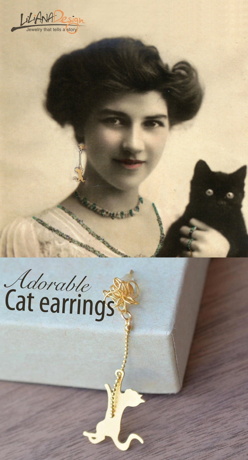 Cat Stud Earrings Gold Cat Studs Cat Playing With Yarn Etsy