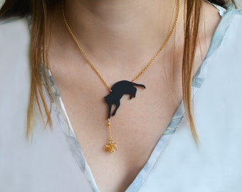 Black Cat Necklace, Cat Pendant Necklace, Unique Pet Lover Gift, Cat Jewelry, Statement Necklace, Cat Mom Gifts, Kitten Playing Necklace.