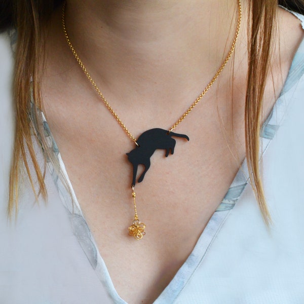 Collier chat noir, collier à pendentif chat, cadeau unique pour amoureux des animaux de compagnie, bijoux chat, collier tendance, cadeaux pour maman chat, collier chaton jouant.