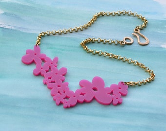 Flower necklace, statement necklace, pink (fuchsia) flowers necklace, statement jewelry, trendy, minimalist necklace, bold necklace