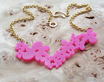 Statement necklace, Flower girl gift, pink (fuchsia) flowers necklace, statement jewelry, trendy, minimalist necklace, bold necklace
