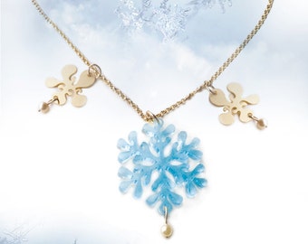 Snowflake necklace, frost blue acrylic with golden abstract shapes, statement necklace, frosen necklace, gift for her.