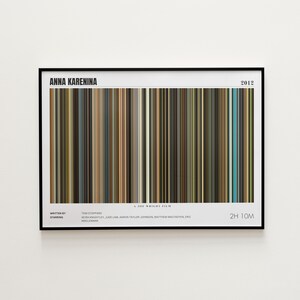 May include: Framed art print featuring a colorful vertical bar code design. The print includes the title "ANNA KARENINA" and the year "2012". Additional text lists the writer, starring actors, and the film's runtime of 2 hours and 10 minutes.