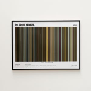 May include: A framed poster with a colour bar design representing the film "The Social Network." The poster includes the film's title, year, and credits. The colour bars are vertical and vary in shades of brown, gold, and purple.