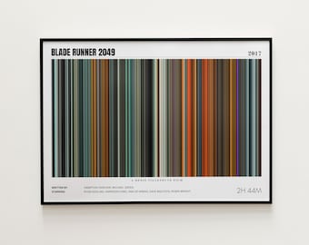 May include: Framed poster featuring a color bar design for the movie "Blade Runner 2049." The artwork includes the film's title, year, and credits. The color bars are vertical and vary in shades of brown, orange, green, and gray.