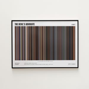 May include: A framed art print featuring the movie title "The Devil's Advocate" and the year 1997. The artwork displays a series of vertical color bars in shades of brown, gray, and beige. The print includes the film's runtime, credits, and cast.