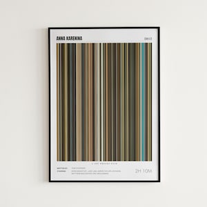 May include: Framed art print featuring a colorful vertical bar code design. The print is titled "ANNA KARENINA" and includes the year 2012, along with the film's runtime of 2 hours and 10 minutes. The print also lists the writer and starring actors.