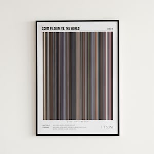 Peut inclure: Affiche encadrée du film "Scott Pilgrim vs. The World" de 2010, avec un design de lignes verticales colorées. L'affiche comprend la durée du film, les crédits et le texte "A Edgar Wright Film".
