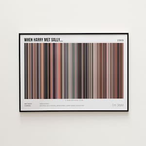 May include: A framed print featuring a color bar design representing the film "When Harry Met Sally..." from 1989. The artwork includes the film's title, year, credits, and runtime of 1 hour and 36 minutes. The color bars are vertical and vary in shades of brown, beige, and gray.