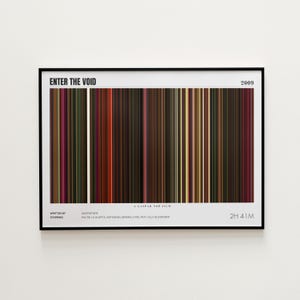 Può includere: Poster incorniciato con il titolo "ENTER THE VOID" e l'anno "2009". L'opera presenta strisce verticali in vari colori, tra cui rosso, marrone e giallo. Il poster include anche il testo "WRITTEN BY" e "STARRING".